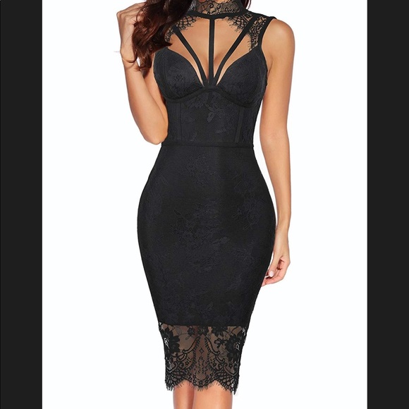 Dresses & Skirts - Black lace overlay high neck bodycon dress Size L